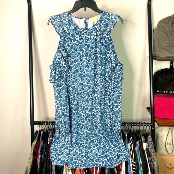 MICHAEL Michael Kors Cold Ruffle Shoulder Blue Floral China Print Ditsy Dress - Picture 1 of 9